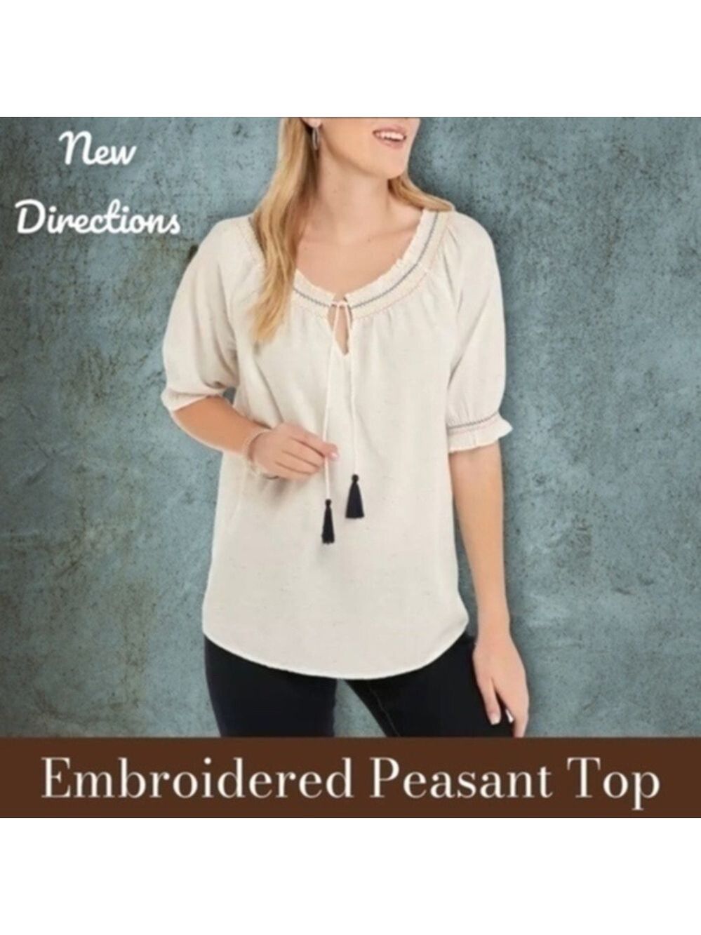 NEW DIRECTIONS Woven Cotton Breezy Embroidered Puff Sleeve Peasant Top/LG NWT